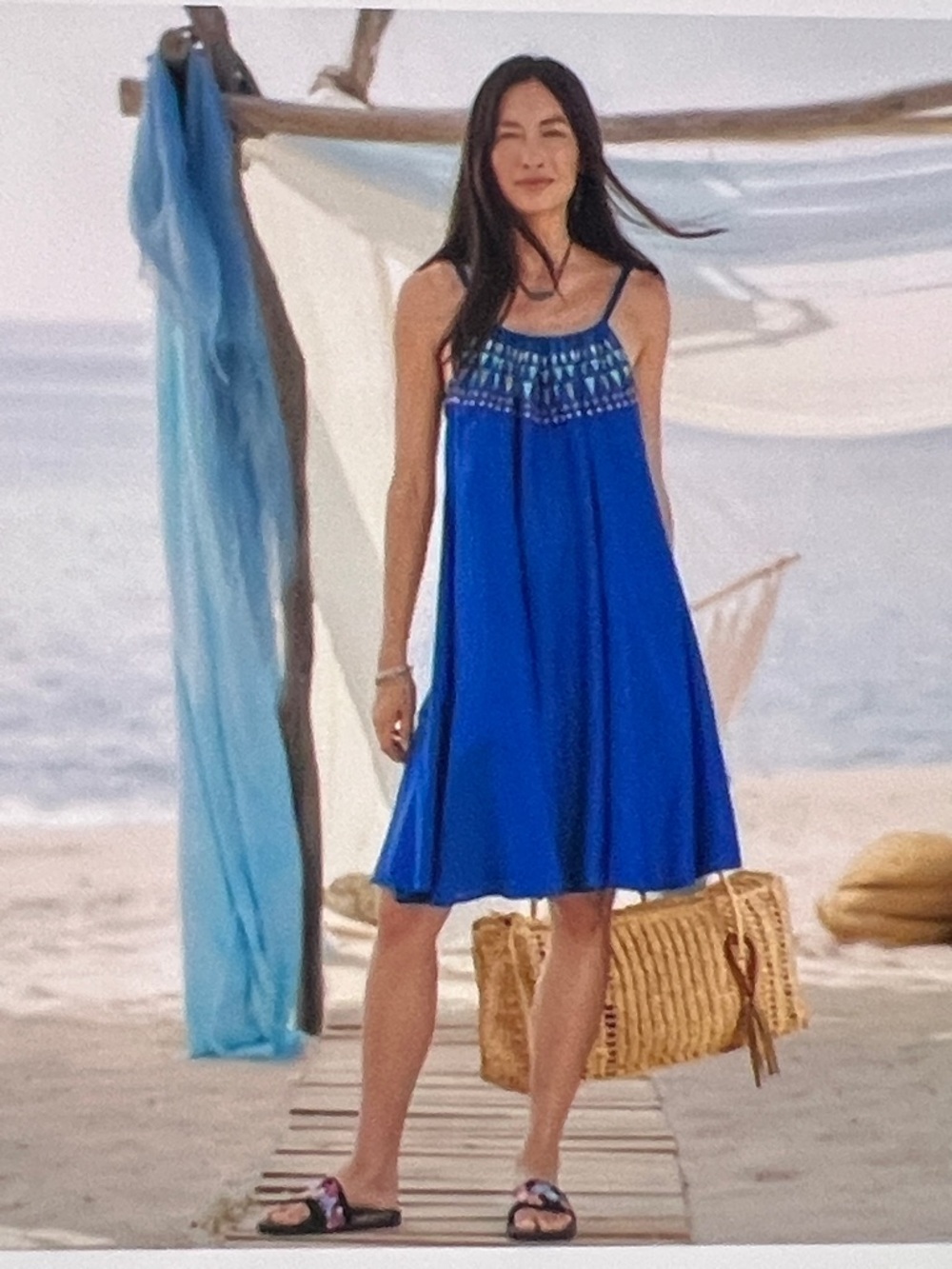 SUNDANCE Pretty Origins Blue Silk Blend Dress Sleeveless